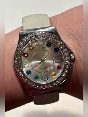 Accutime Silver Crystal Bezel Watch with Multicolor Gem Accents